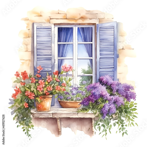 Watercolor  blue window provence with flowers illustration. Generative AI  png image.