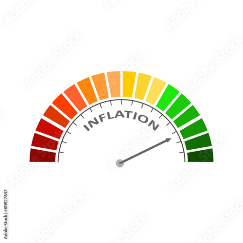 Inflation level on measure scale. Instrument scale with arrow. Inflationary financial crisis. Colorful infographic gauge element.