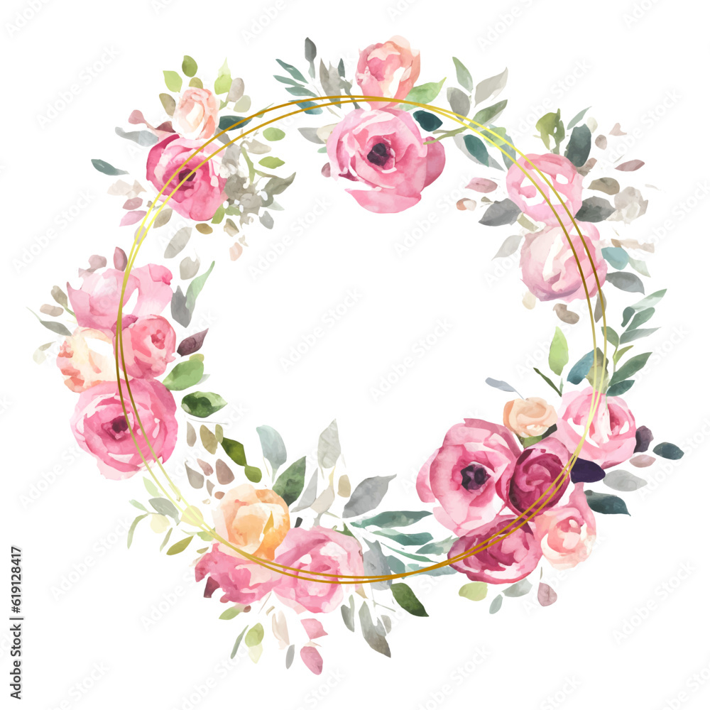 Cute wreath with leaves, watercolor roses, flowers. Vintage Template. wreath, round frame