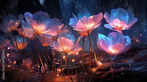 Surreal night jungle with luminescent plants and flowers. Wonderful fantasy magical bioluminescent flowers. 3D rendering. Flowers glow in the dark 3d wallpaper. Floral background. Generative ai. © Nataly G