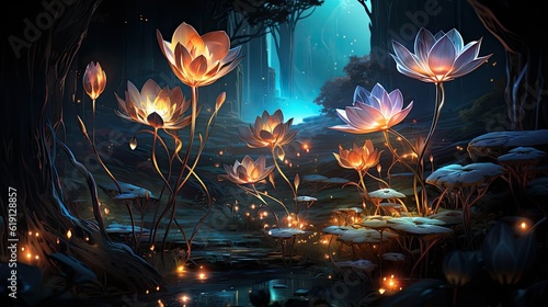 Surreal night jungle with luminescent plants and flowers. Wonderful fantasy magical bioluminescent flowers. 3D rendering. Flowers glow in the dark 3d wallpaper. Floral background. Generative ai.