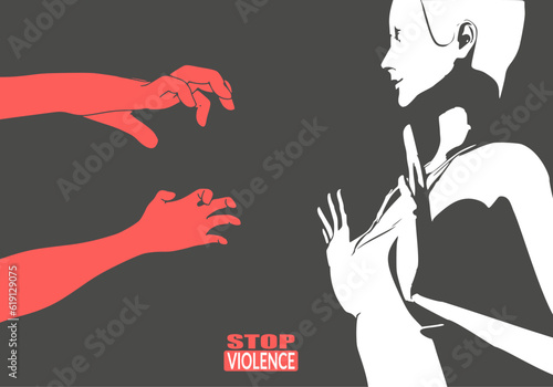 Stop violence text. Social concept of sexual assault and harassment. Male hands reaching out to a woman raising her hand in stop gesture woman.