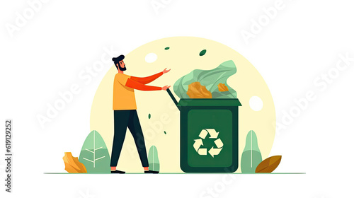 Illustration of man throwing a bag with trash in recycling bin green recycling container waste container on white background. Copy space. AI generated. Zero waste concept