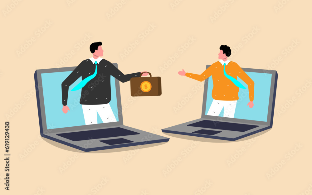 Businessman and woman virtually discuss work in a remote team meeting, utilizing online communication and video conferencing. Businessman and woman virtually discuss work in a remote team meeting, utilizing online communication and video conferencing.