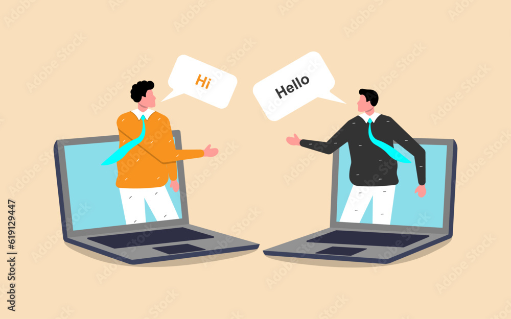 Businessman and woman virtually discuss work in a remote team meeting, utilizing online communication and video conferencing. Businessman and woman virtually discuss work in a remote team meeting, utilizing online communication and video conferencing.