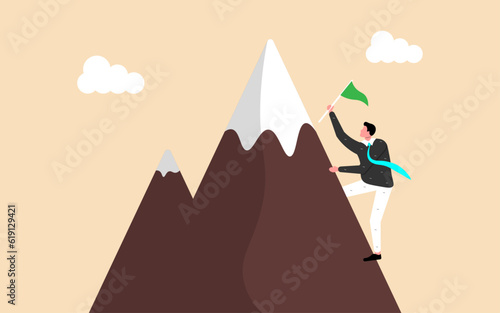 A businessman climbs a mountain to reach his target, symbolizing the effort, perseverance, and ambition required for success and business growth.