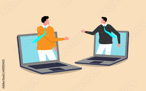 Businessman and woman virtually discuss work in a remote team meeting, utilizing online communication and video conferencing.