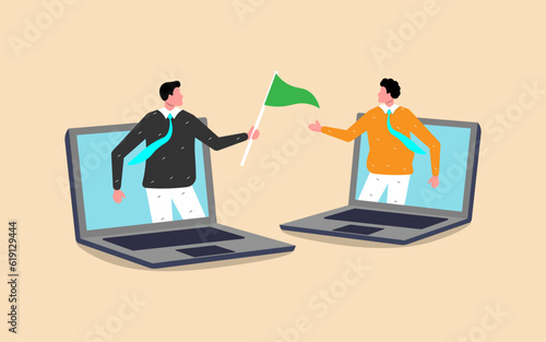 Businessman and woman virtually discuss work in a remote team meeting, utilizing online communication and video conferencing.