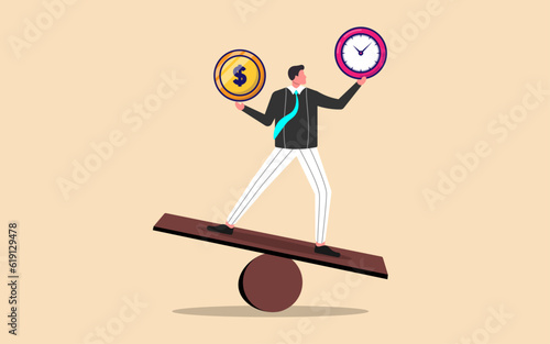 Cheerful businesswoman balances time clock and dollar money on a seesaw, symbolizing the equilibrium between work-life balance, long-term investments, and decision-making control.