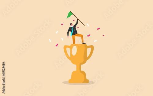 Victory or business achievement, cheerful businessman winner raising flag on winning trophy, flat vector illustration.