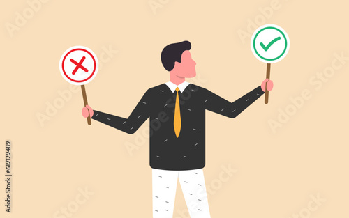 Thoughtful businessman holds right or wrong options, illustrating moral decision-making. Stock illustration available.