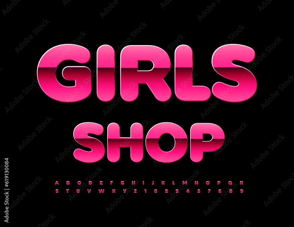 Vector glamorous logo Girls Shop. Pink Glossy Font. Fashion Alphabet Letters and Numbers set Vector glamorous logo Girls Shop. Pink Glossy Font. Fashion Alphabet Letters and Numbers set
