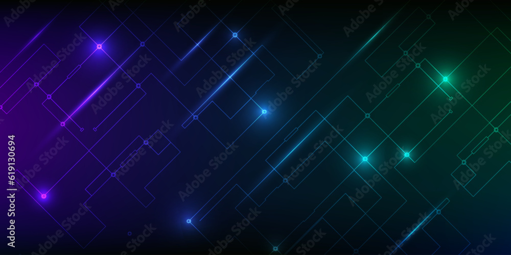 Vector illustrations of abstract blue and purple digital hi tech background with glowing horizontal line and digital element circuit pattern.Digital technology concept. - obrazy, fototapety, plakaty 