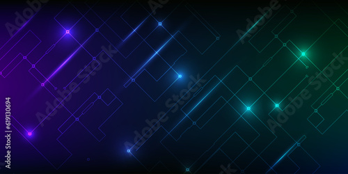 Vector illustrations of abstract blue and purple digital hi tech background with glowing horizontal line and digital element circuit pattern.Digital technology concept. © Digital technology 