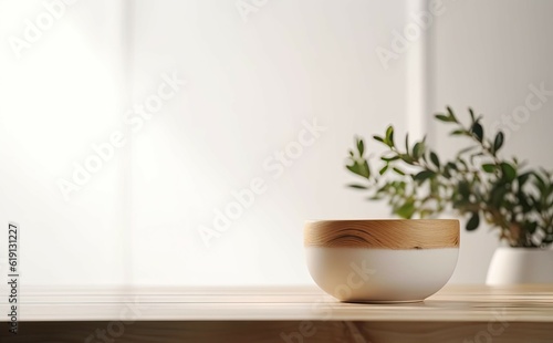 Modern Interior Design Concept with White Wall Background. Tabletop for your product with Tree Pot and Beautiful Plants as Decoration in Room © Thares2020