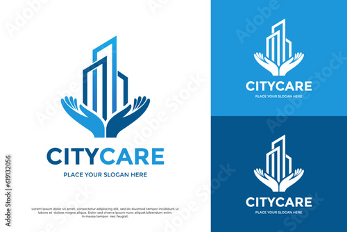 City care vector logo template. This design use hand and building symbol. Suitable for building and industrial.