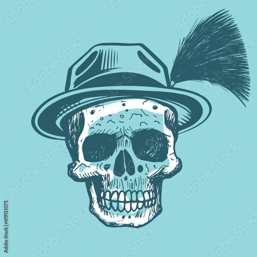 sketchy vintage skull wearing traditional bavarian hat with gamsbart