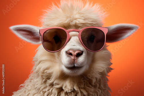 Portrait of funny white alpaca in orange sunglasses on blue background.generative ai