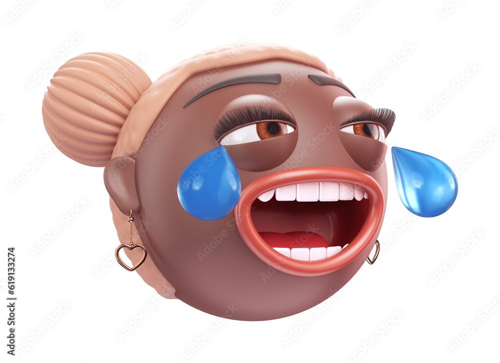Emoji face with tears of joy of glamour black african american woman. Cartoon smiley on transparent background. 3D render left view Emoji face with tears of joy of glamour black african american woman. Cartoon smiley on transparent background. 3D render left view