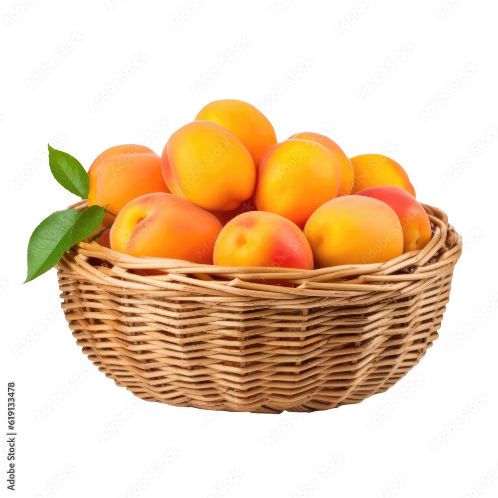 Wicker basket full of delicious ripe apricots isolated on transparent background, png clip art. Template for fruit flavor mark. Generated with AI. Wicker basket full of delicious ripe apricots isolated on transparent background, png clip art. Template for fruit flavor mark. Generated with AI.