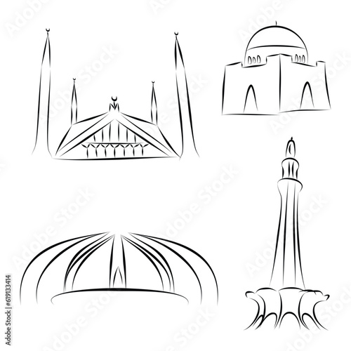 Mausoleum of Quaid-e-Azam , Pakistan Monument , Faisal Mosque , Minar e Pakistan vector design banner and  14 august Pakistan independence day Banner