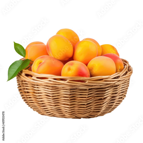 Wicker basket full of delicious ripe apricots isolated on transparent background  png clip art. Template for fruit flavor mark. Generated with AI.