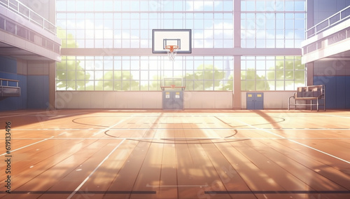 バスケットゴールのある室内体育館アニメ背景