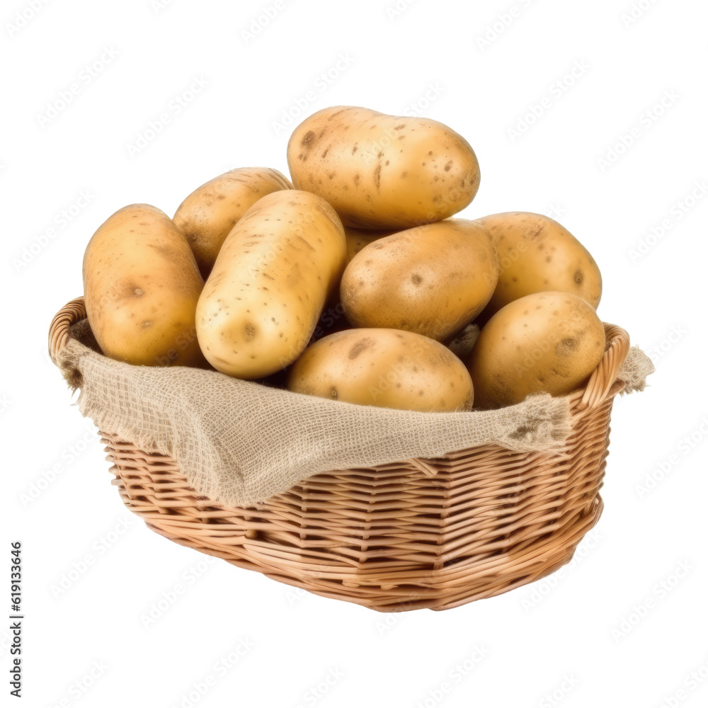 Wicker basket full of organic natural potatoes isolated on transparent background, png clip art. Generated with AI. Wicker basket full of organic natural potatoes isolated on transparent background, png clip art. Generated with AI.