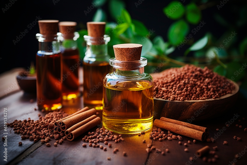 Cinnamon essential oil in small bottles on a wooden table.generative ai Cinnamon essential oil in small bottles on a wooden table.generative ai