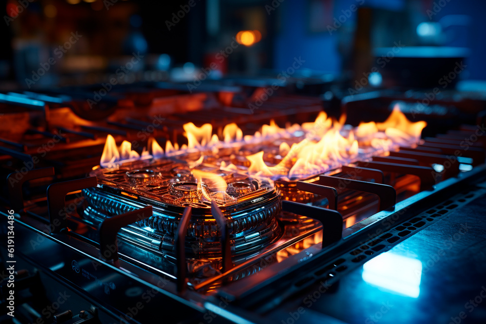 Gas burner in the kitchen of a restaurant. Close-up.generative ai Gas burner in the kitchen of a restaurant. Close-up.generative ai
