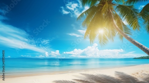 Beach background, beach landscape, tropical nature scene, palm trees and blue sky, summer vacation concept new quality universal colorful technology stock image illustration design, generative ai © Taisiia