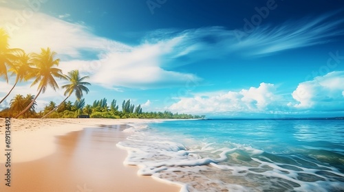 Beach background, beach landscape, tropical nature scene, palm trees and blue sky, summer vacation concept new quality universal colorful technology stock image illustration design, generative ai © Taisiia
