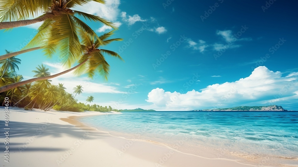 Beach background, beach landscape, tropical nature scene, palm trees and blue sky, summer vacation concept new quality universal colorful technology stock image illustration design, generative ai