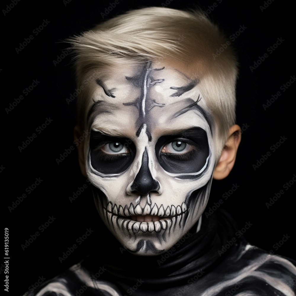 A child portrait with a painted face in the image of a skull. Solid isolated background. Generative AI. A child portrait with a painted face in the image of a skull. Solid isolated background. Generative AI.