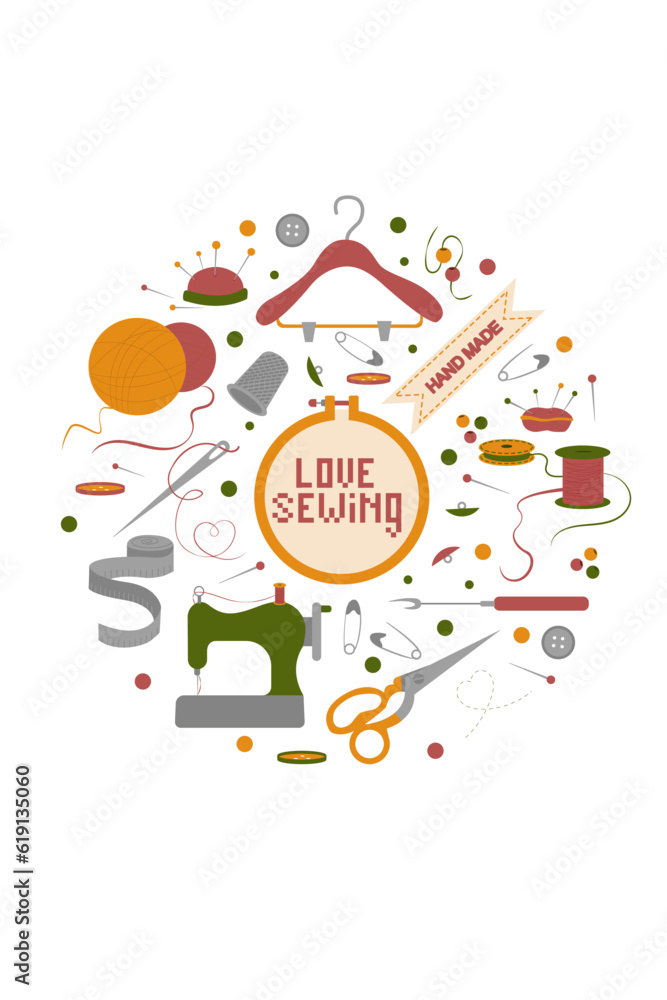 Sewing Round Composition Design with Tools for Handmade Craft Vector Template