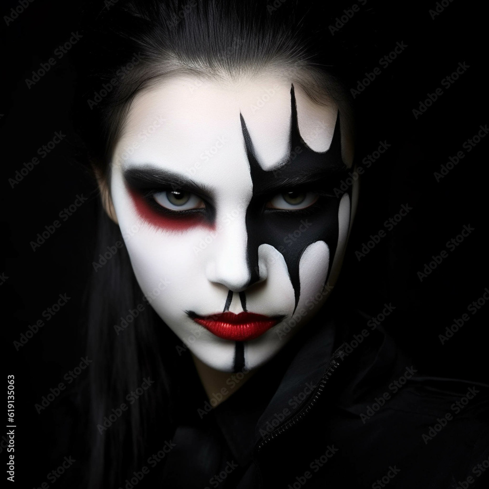 A child portrait with a painted face in the image of a vampire. Solid isolated background. Generative AI.