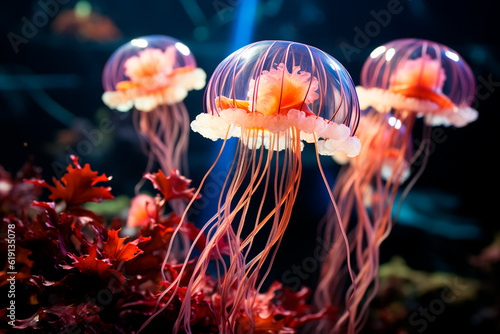 Beautiful jellyfish swimming in the aquarium. Underwater world.generative ai