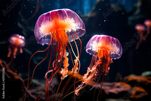 Beautiful jellyfish swimming in the aquarium. Underwater world.generative ai © Aghavni