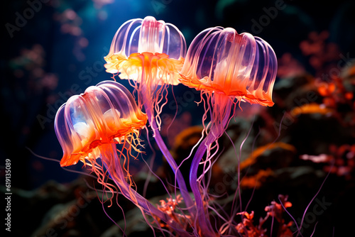 Beautiful jellyfish swimming in the aquarium. Underwater world.generative ai © Aghavni