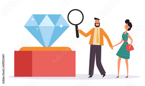 Jewelers appraiser diamond magnifying glass abstract concept. Vector design graphic illustration