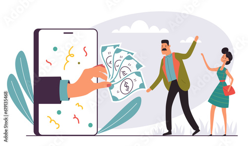 Money reward win online salary prize phone screen abstract concept. Vector design graphic illustration