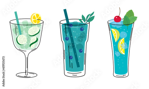Set of summer cocktails. Glass of cocktail with cucumber, lemon, cherry, ice cubes, berries. Blue alcoholic and nonalcoholic drinks with berries and mint. Cocktail for menu, bar. Vector illustration