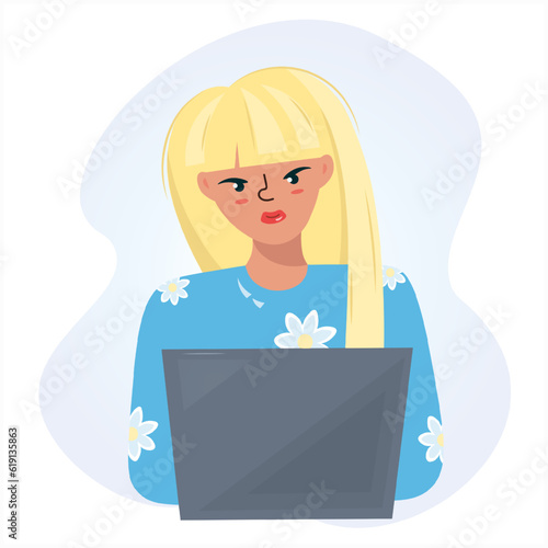 Young cartoon businesswomen. Beautiful girl in a working situation. Displeased secretary at the computer shows anger. Vector illustration of business women. Flat design.