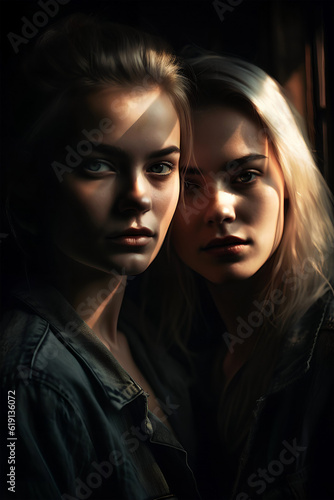 Portrait of two blonde women, close-up, natural soft lighting, ai generated art