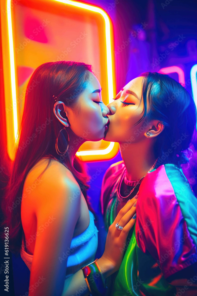 Asian Women Share a Kiss in Crowded Club. Generative AI Asian Women Share a Kiss in Crowded Club. Generative AI