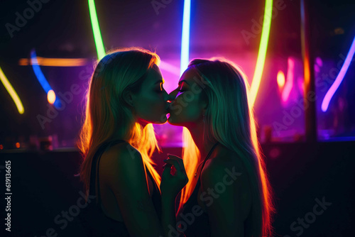 Neon-Infused Kiss Between Women. Generative AI