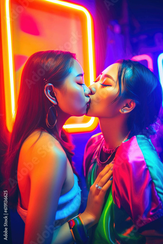 Asian Women Share a Kiss in Crowded Club. Generative AI