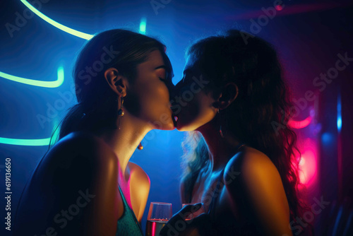 Women Share a Neon-Enhanced Kiss. Generative AI
