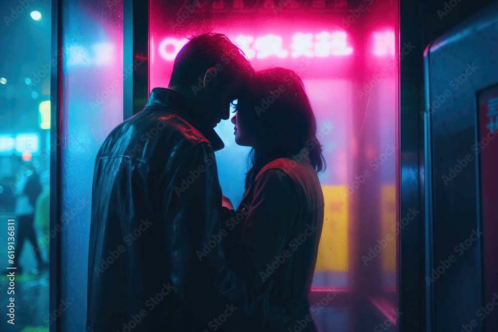 Ethereal Embrace in a Rainy Phone Booth. Generative AI