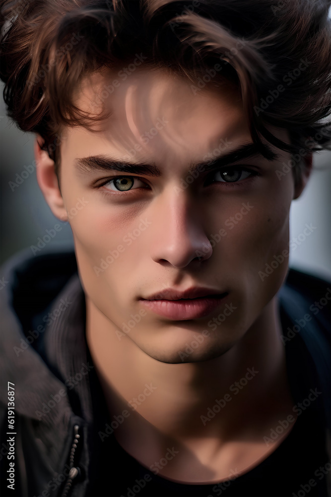 portrait of a European man with brown hair, close-up, soft light, art created by artificial intelligence, ai generated art